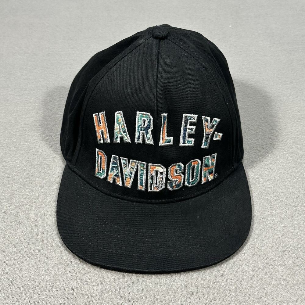 Harley-Davidson Black Strapback Hat Tropical Motorcycle Underbrim Leather Strap
